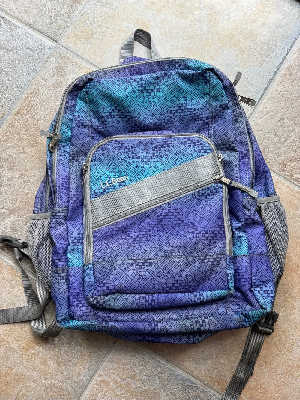 L.L. Bean Purple and Teal Geometric Pattern Backpack